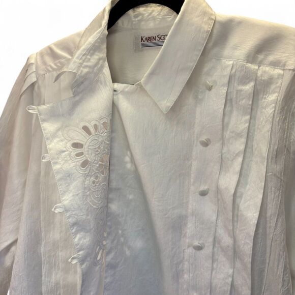 90s Vintage Lace Cutout Pintuck Blouse w/Asymmetrical Buttons size 14 - Picture 6 of 11